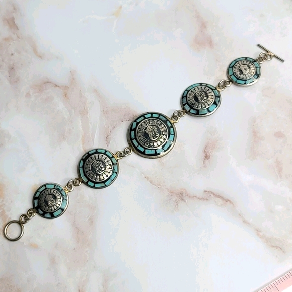 Sterling silver Aztec calendar symbols Bracelet - Picture 2 of 8